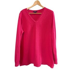 Wms Bright Pink Lands' End Patterned V-Neck Long Sleeve Tunic Sweater L (14-16)